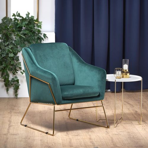 Fauteuil Contemporain En Velours Vert Avec Structure Design En Métal Doré Jazzy