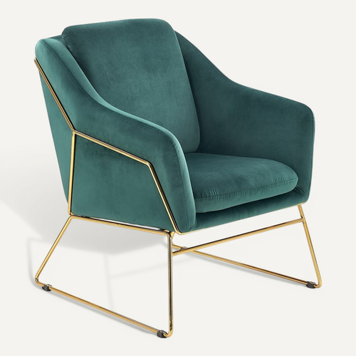 Fauteuil Contemporain En Velours Vert Avec Structure Design En Métal Doré Jazzy