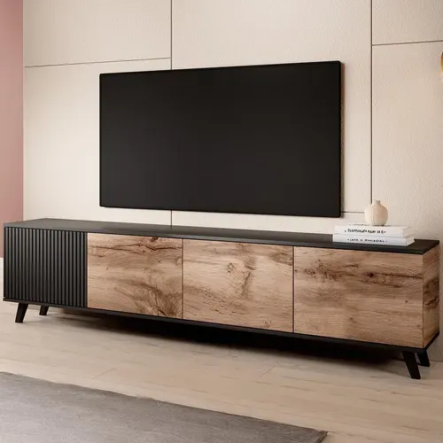 Meuble TV 200 Cm Noir Et Aspect Chêne Wotan Pump