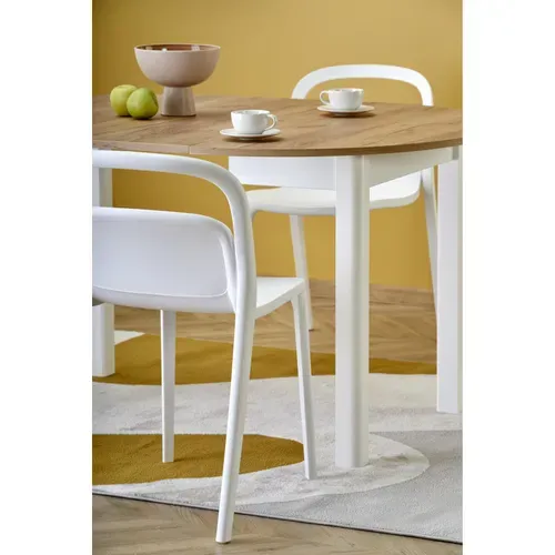 Table à Manger Ronde 100cm Extensible Avec Plateau Aspect Chêne Et Pieds Blancs Carene