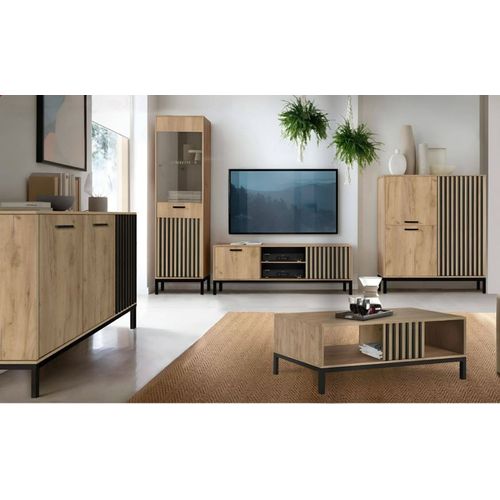 Buffet Haut Noir Et Bois Avec Tasseaux 94 X 108 Cm Lazare