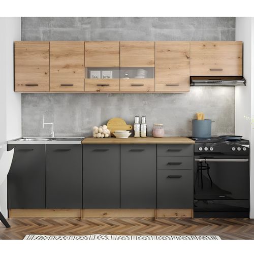Cuisine Complète 260cm Avec Décor Gris Et Chêne Filly