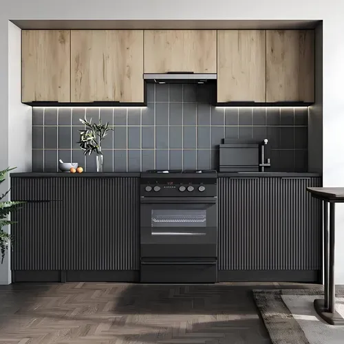 Cuisine 240 Cm Style Chêne Et Noir Charbon Justin