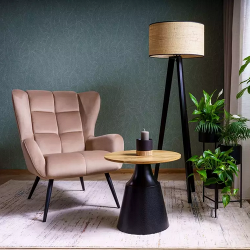 Fauteuil Velours Beige Dossier Capitonné Confort Hôtel Pieds Métal Noir Suite