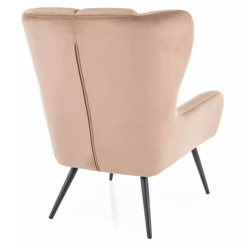 Fauteuil Velours Beige Dossier Capitonné Confort Hôtel Pieds Métal Noir Suite