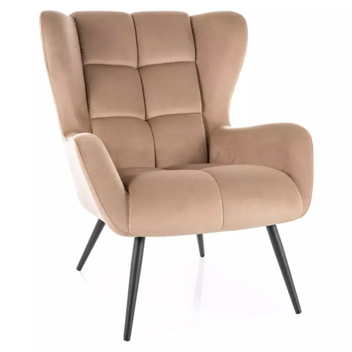 Fauteuil Velours Beige Dossier Capitonné Confort Hôtel Pieds Métal Noir Suite