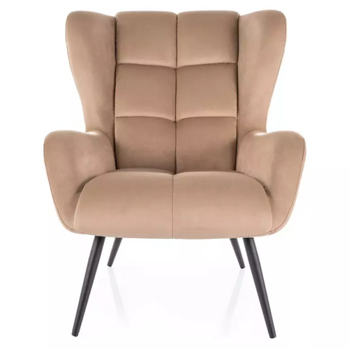 Fauteuil Velours Beige Dossier Capitonné Confort Hôtel Pieds Métal Noir Suite