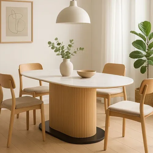 Table à Manger Ovale 180 Cm Blanc Céramique Style Marbre Et Pied Rainuré Bois Vintage