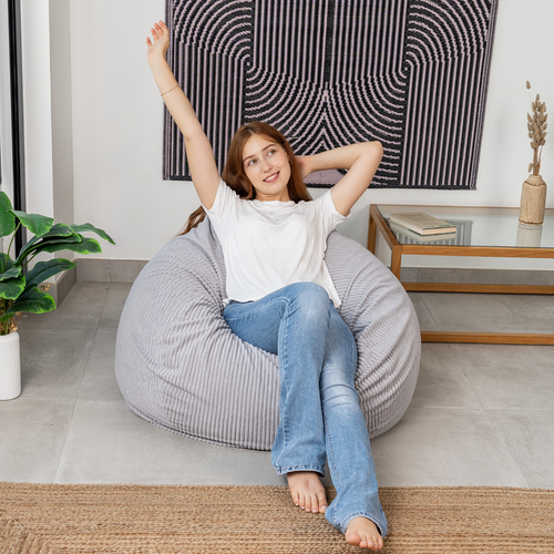 Pouf Poire Déhoussable Velours Côtelé - 80x70 Cm Gris Clair