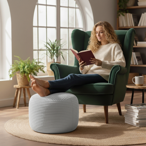 Pouf Déhoussable En Velours Côtelé 55x30 Cm Gris Clair