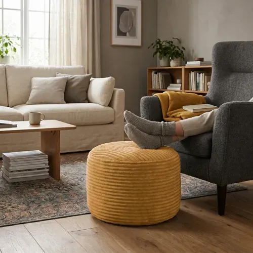 Pouf Déhoussable En Velours Côtelé 55x30 Cm Jaune Moutarde