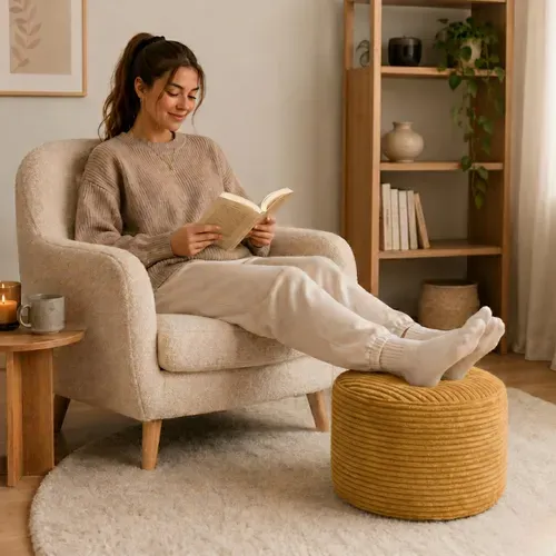 Pouf Déhoussable En Velours Côtelé 55x30 Cm Jaune Moutarde