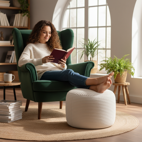 Pouf Déhoussable En Velours Côtelé 55x30 Cm Beige