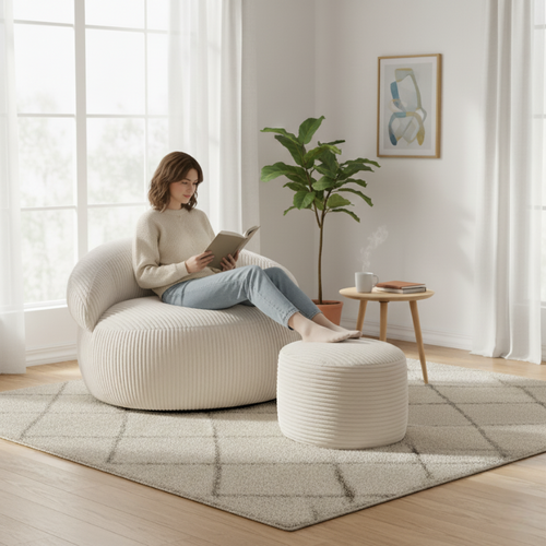 Pouf Déhoussable En Velours Côtelé 55x30 Cm Beige
