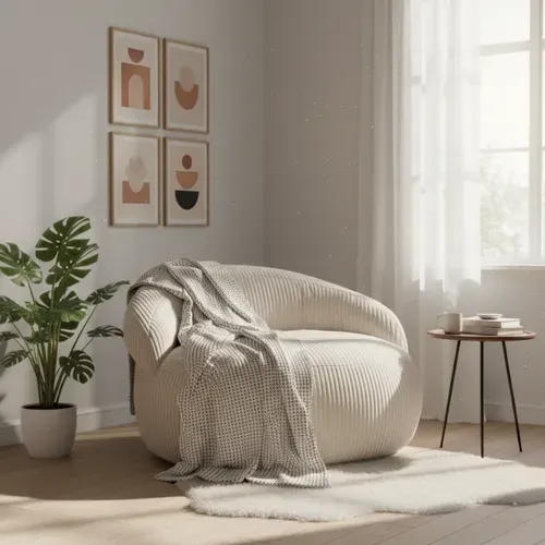 Pouf XXL Déhoussable En Velours Côtelé 110x100 Cm Beige
