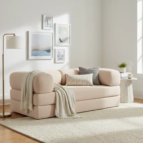 Canapé Lit Compressé Modulable En Velours Côtelé 90x180 Cm Beige