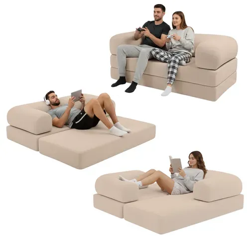 Canapé Lit Compressé Modulable En Velours Côtelé 90x180 Cm Beige