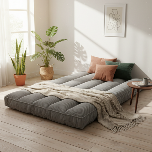 Futon Déhoussable 2 Places En Velours Côtelé 140x190 Cm Gris Clair