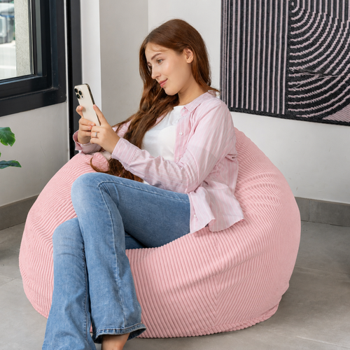 Pouf Poire Déhoussable Velours Côtelé - 80x70 Cm Rose