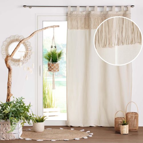 Lot De 2 Rideaux à Passants 140 X 240 Cm Polycoton Uni Et Top Macrame, Samaya
