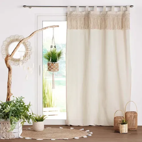 Lot De 2 Rideaux à Passants 140 X 240 Cm Polycoton Uni Et Top Macrame, Samaya