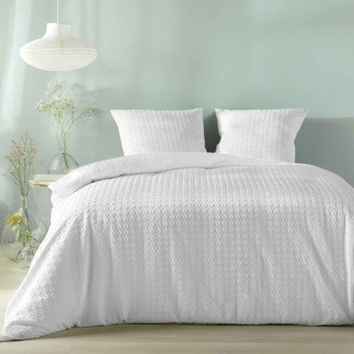 Housse De Couette 240 X 220 Cm – Microfibre Gaufrée Ultra Douce – Blanc – Effet Relief Chic + 2