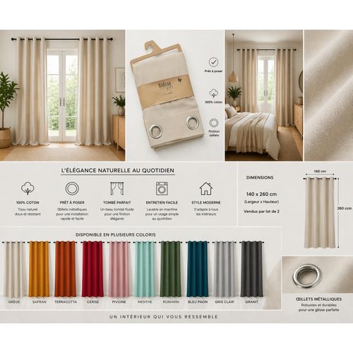 Lot De 2 Rideaux 100% Coton Prélavé 140 X 260 Cm – Kala Grège