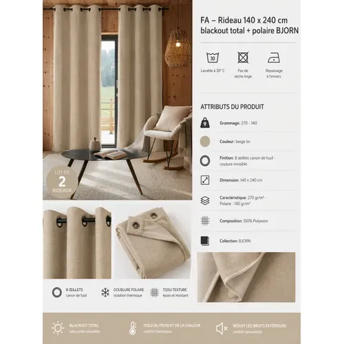 Lot De 2 Rideaux 140 X 240 Cm – Blackout Total et Thermique – Double Polaire – Beige Lin