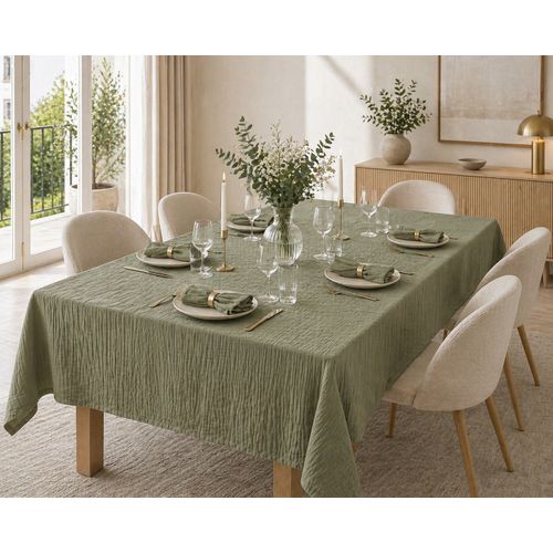 Nappe Rectangle 150 X 350 Cm + 6 Serviettes De Table – Double Gaze De Coton Gaïa Romarin