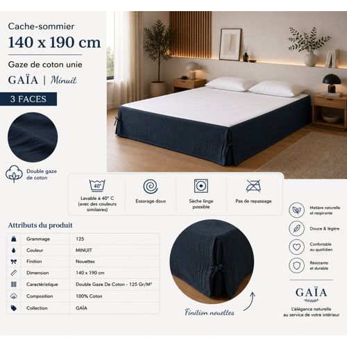 Cache-sommier 140 X 190 Cm Double Gaze De Coton Gaïa Marine – Qualité Haut De Gamme