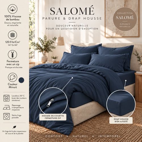 Parure De Lit  260 X 240 Cm 100% Viscose De Bambou Satin 120 Fils Salomé Minuit + Drap-housse 160 X
