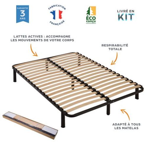 Sommier à Lattes Démontable + Pieds 160x200 - 36 Lattes Bois - Fabrication Française
