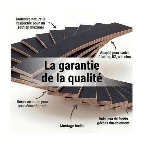 Lot De 30 Lattes Grises + Embouts Pour Sommier Et Lit - 680x48x8 Mm - Bois Hêtre Durable - 7 Plis