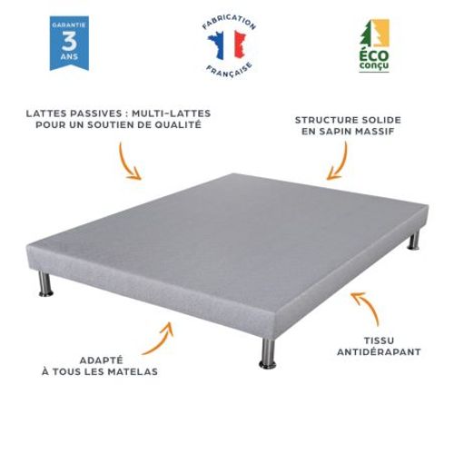 Sommier Déco Sr9 + Pieds - Gris Clair 80x200 - Lattes Bois - H.13 Cm - Made In France