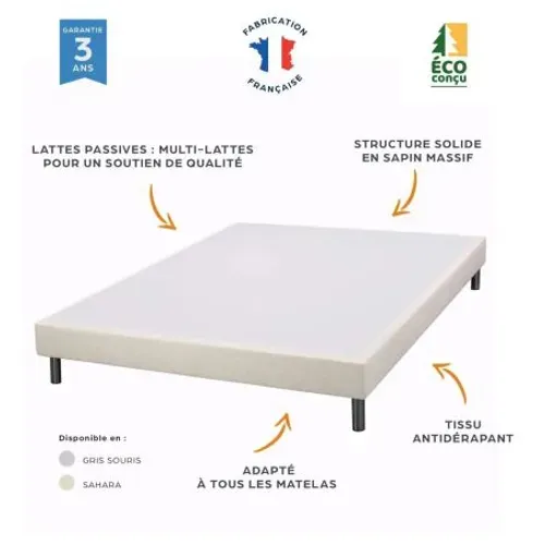 Sommier Tapissier + Pieds Sr15 Volcan 2x80x200 Lattes Bois Massif - H.15 Cm