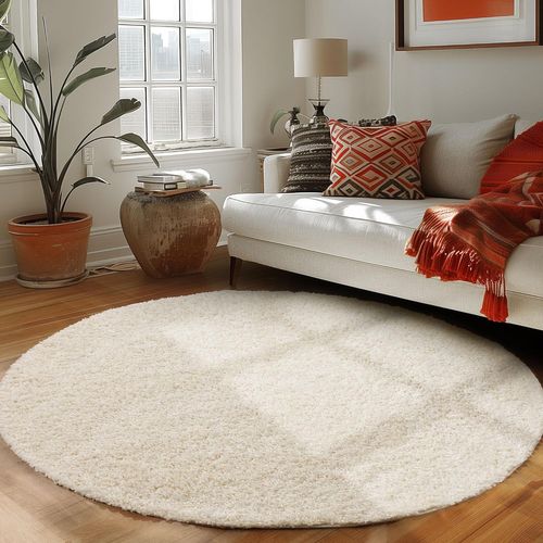 Shaggy - Tapis Uni Rond - Blanc Ivoire 200 X 200 Cm