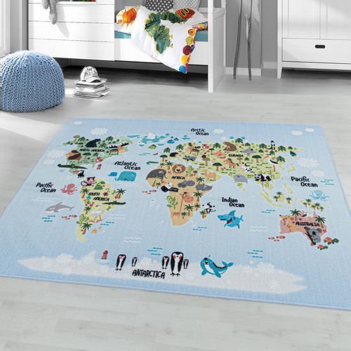 Carte Du Monde - Tapis Enfant Lavable Bleu 80 X 120 Cm