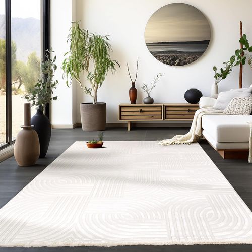 Tapis 70's Laineux à Motif En Relief Crème 140x200cm