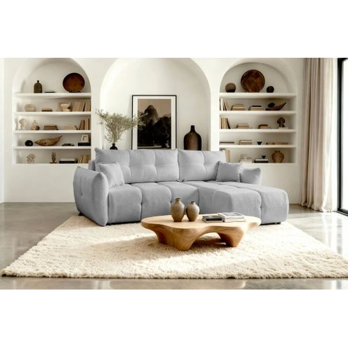 June - Canapé D'angle Convertible Tissu Bouclette 3 Places - Gris Clair