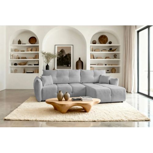 June - Canapé D'angle Convertible Tissu Bouclette 3 Places - Gris Clair