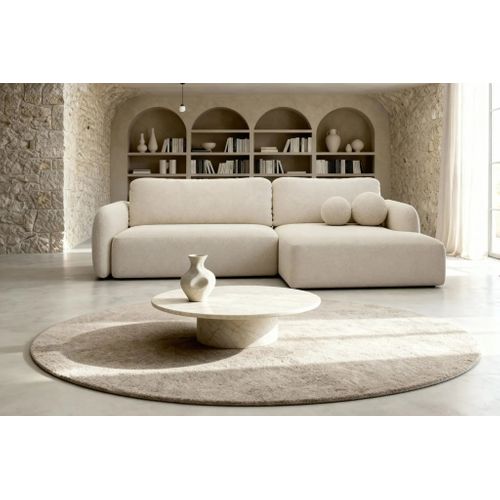 Gigi - Canapé D'angle Convertible Tissu Bouclette 4 Places - Beige - Droit