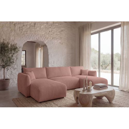 Elio - Canapé Panoramique Convertible Gros Velours Côtelé 5 Places - Rose