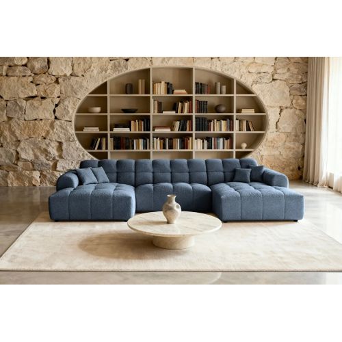 Alexia - Canapé Panoramique Tissu Bouclette 5 Places - Bleu
