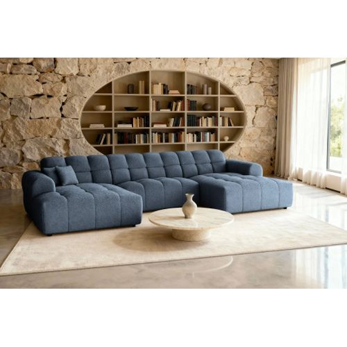 Alexia - Canapé Panoramique Tissu Bouclette 5 Places - Bleu