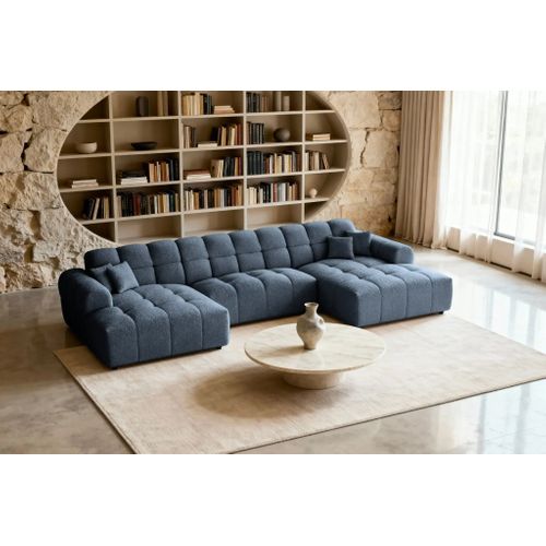 Alexia - Canapé Panoramique Tissu Bouclette 5 Places - Bleu