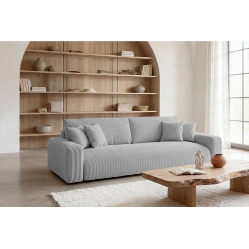 Ena - Canapé Droit Convertible Velours Côtelé 3 Places - Gris Clair