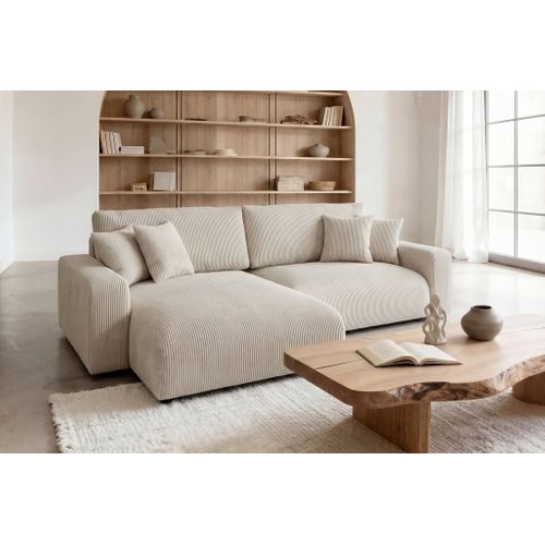 Ena - Canapé D'angle Convertible Velours Côtelé 4 Places - Beige