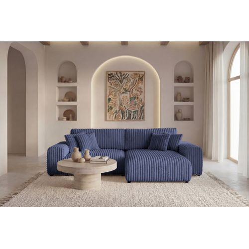 Caisa - Canapé D'angle Convertible Gros Velours Côtelé 4 Places - Bleu