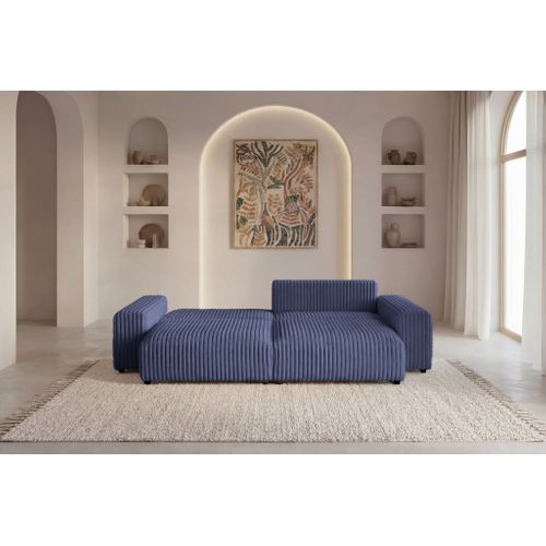 Caisa - Canapé D'angle Convertible Gros Velours Côtelé 4 Places - Bleu