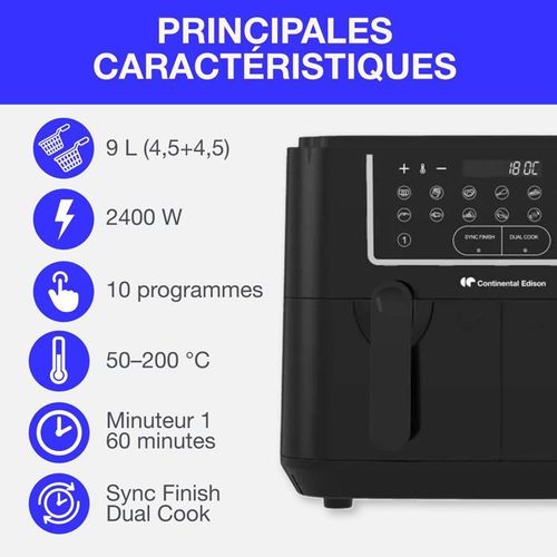 Airfryer Friteuse à Air Sans Huile  - Cerfrsh24002cb - 9 L - Double Bacs - 2400w - Noir
